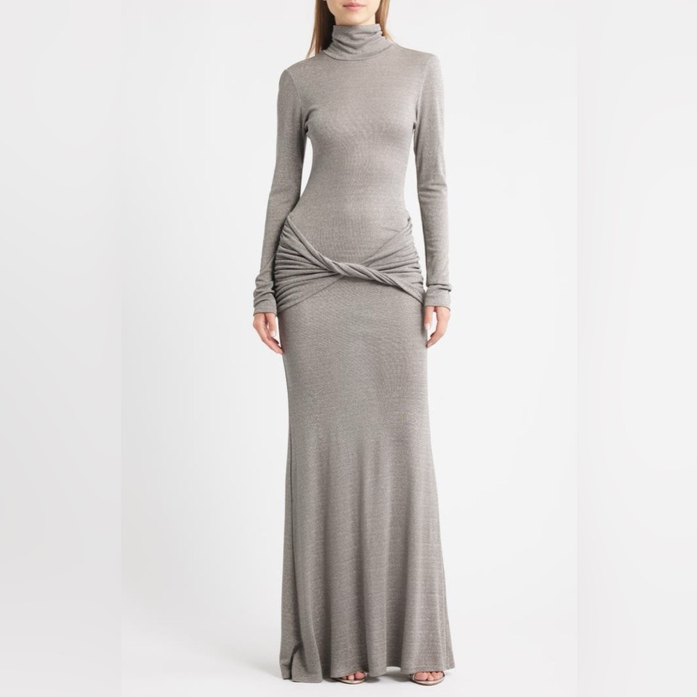 Delfi Collective Anastasia Metallic Twist Front Long Sleeve Maxi Dress Pewter XS